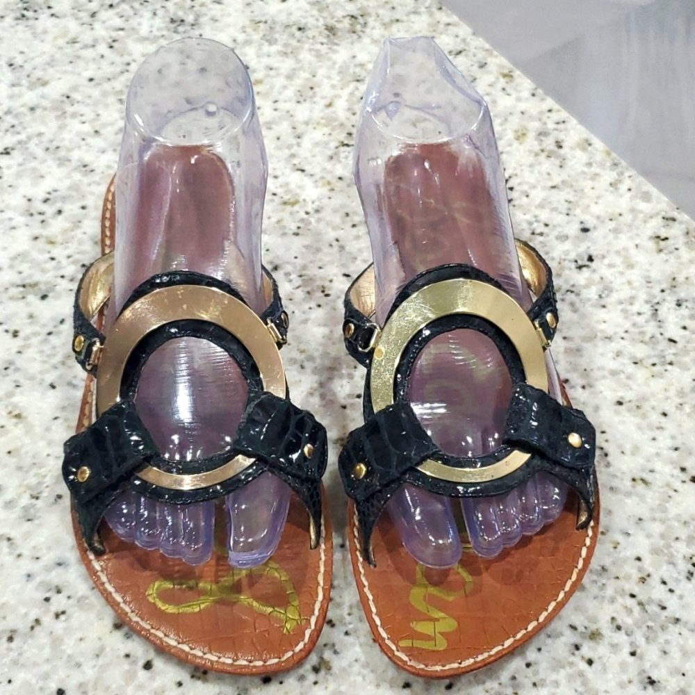 Sam Edelman Gloria Leather Black & Gold  Sandals, Size 8.5